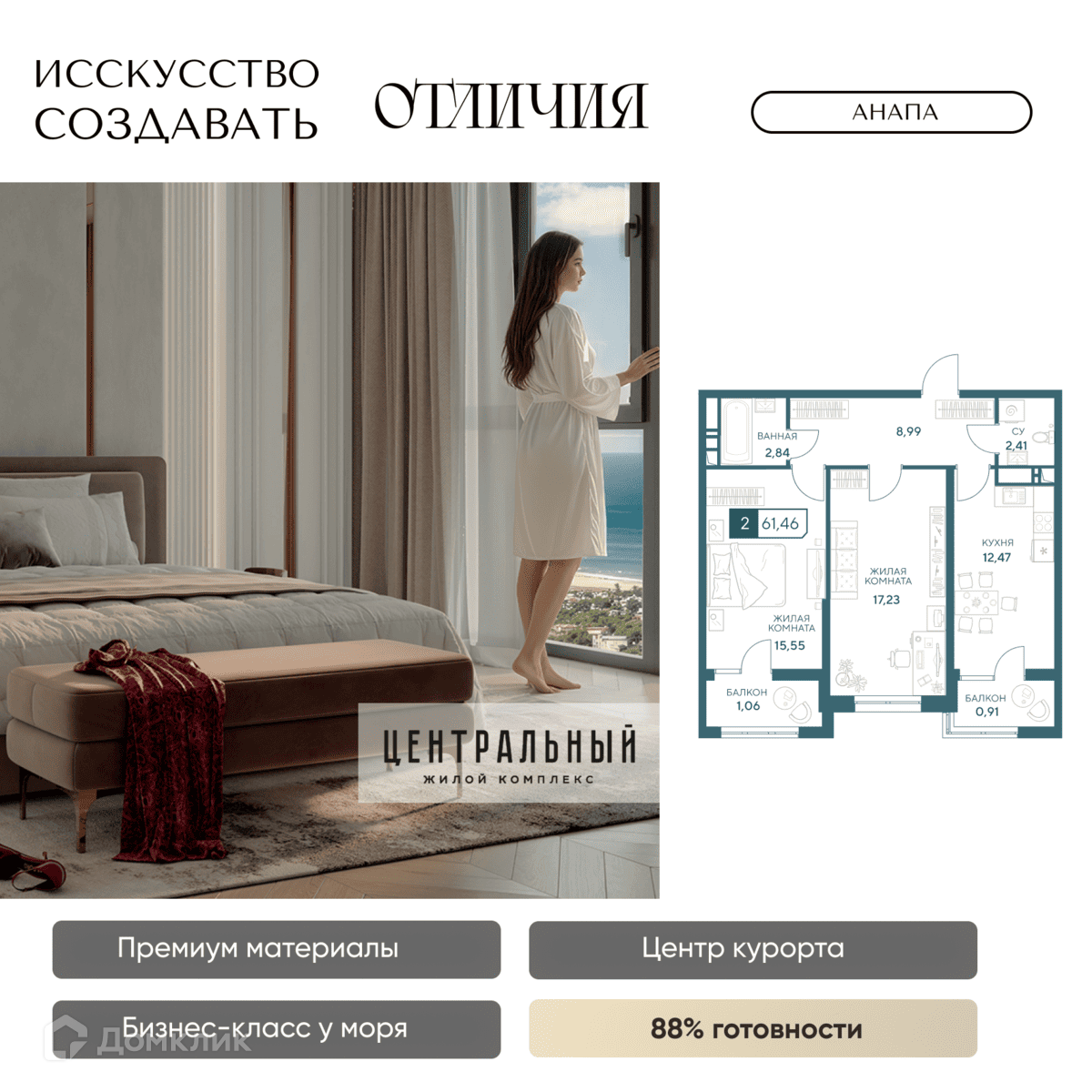 Планировка 2-комн. в ЖК «Центральный»