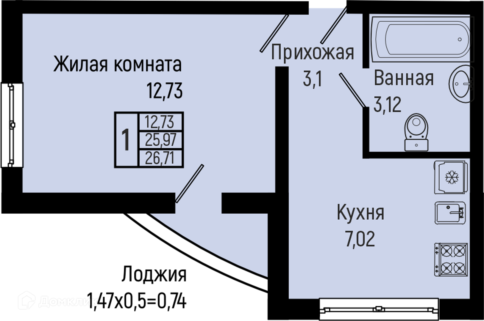 Планировка 1-комн. в ЖК «Sun Hills Olginka»
