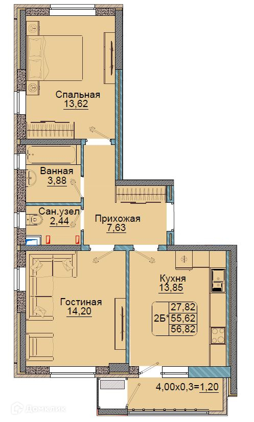 Планировка 2-комн. в ЖК «Репина-Парк»