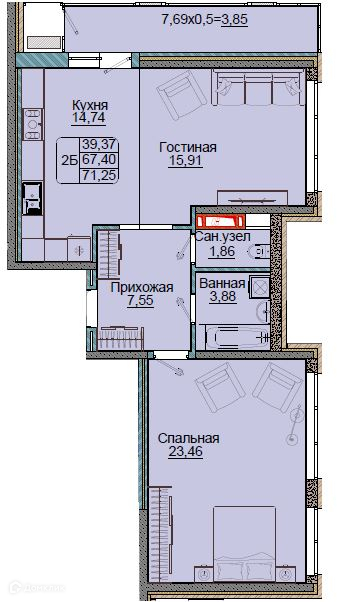 Планировка 3-комн. в ЖК «Репина-Парк»