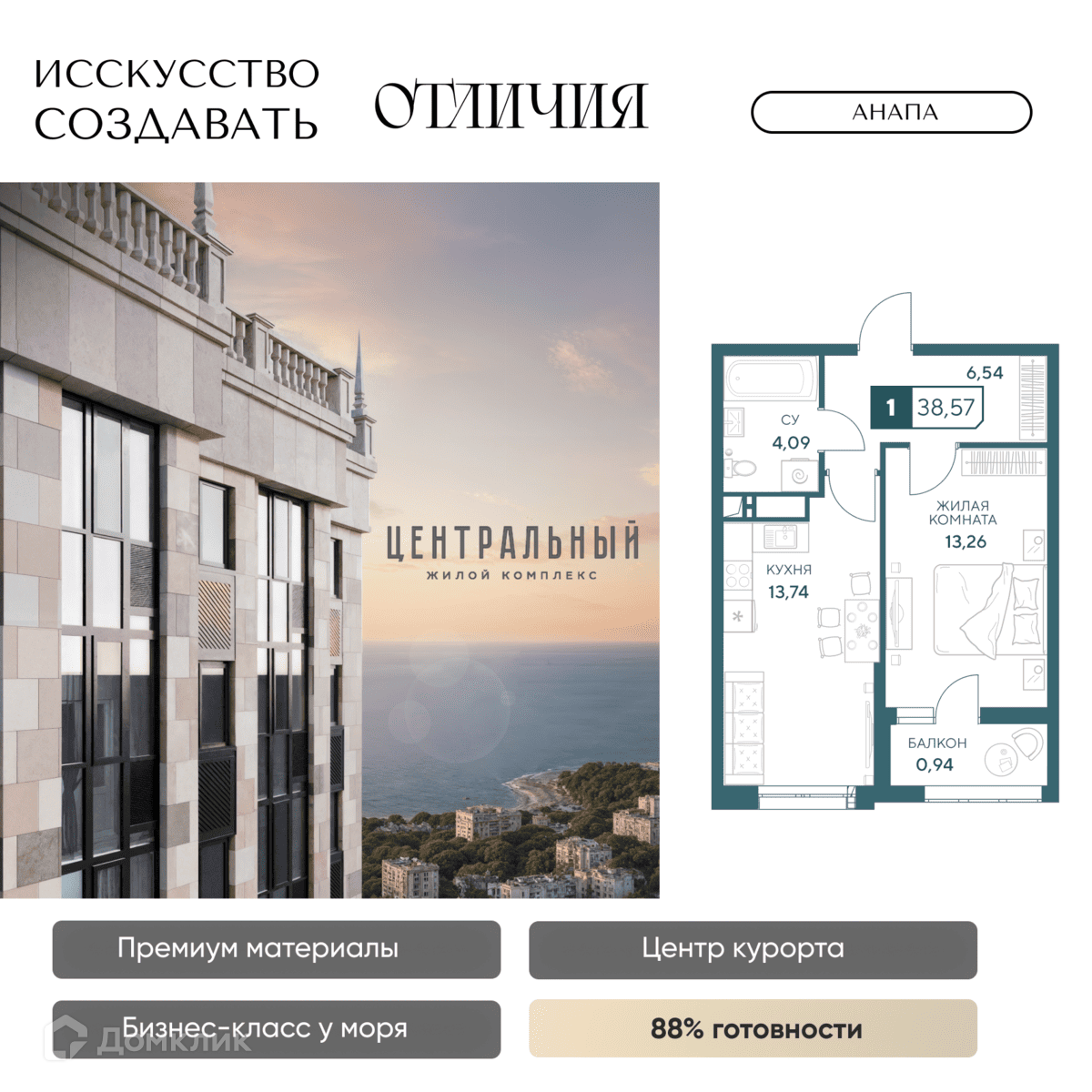 Планировка 1-комн. в ЖК «Центральный»