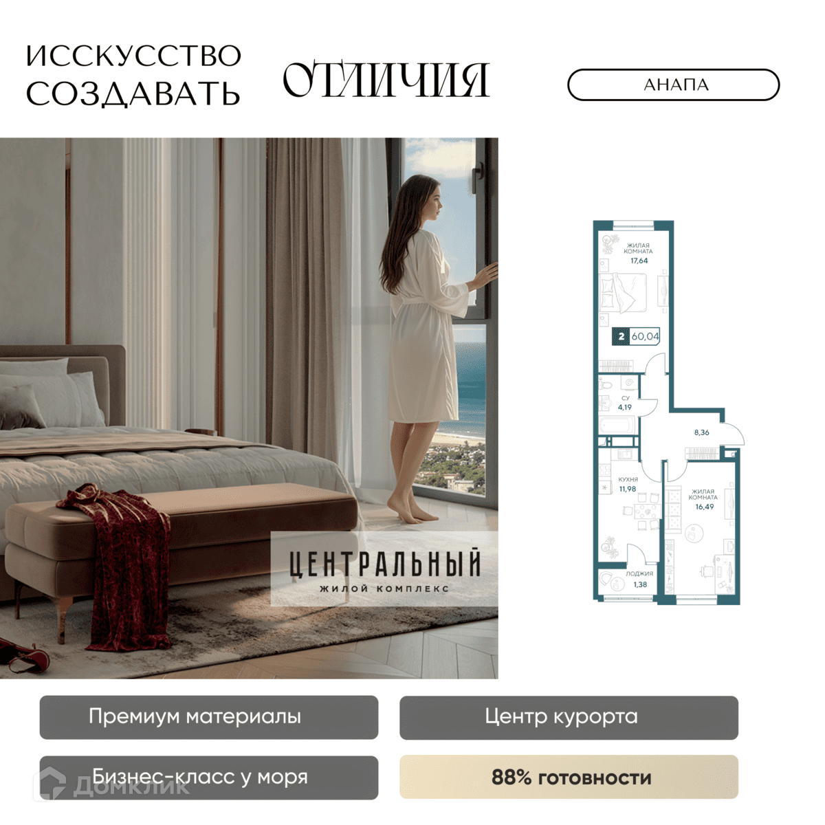 Планировка 2-комн. в ЖК «Центральный»