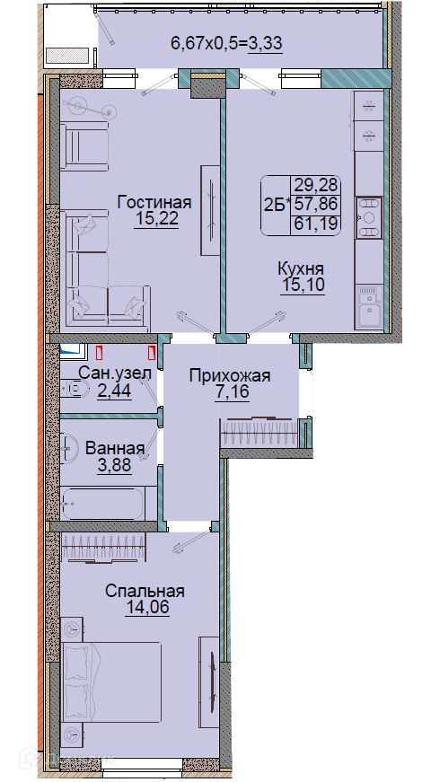 Планировка 2-комн. в ЖК «Репина-Парк»