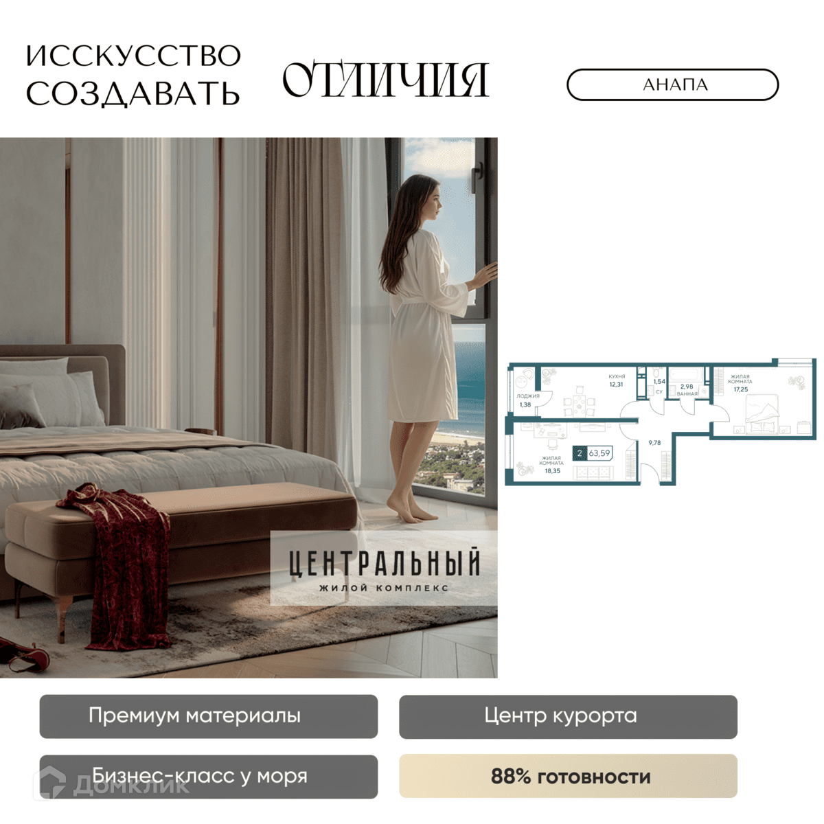 Планировка 2-комн. в ЖК «Центральный»