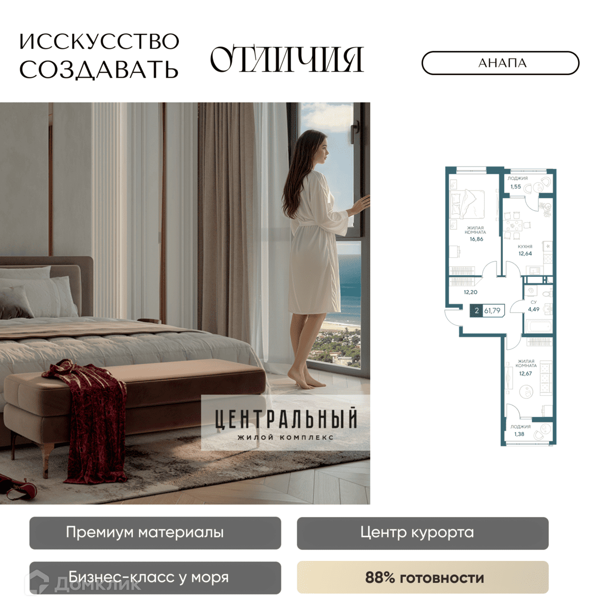 Планировка 2-комн. в ЖК «Центральный»