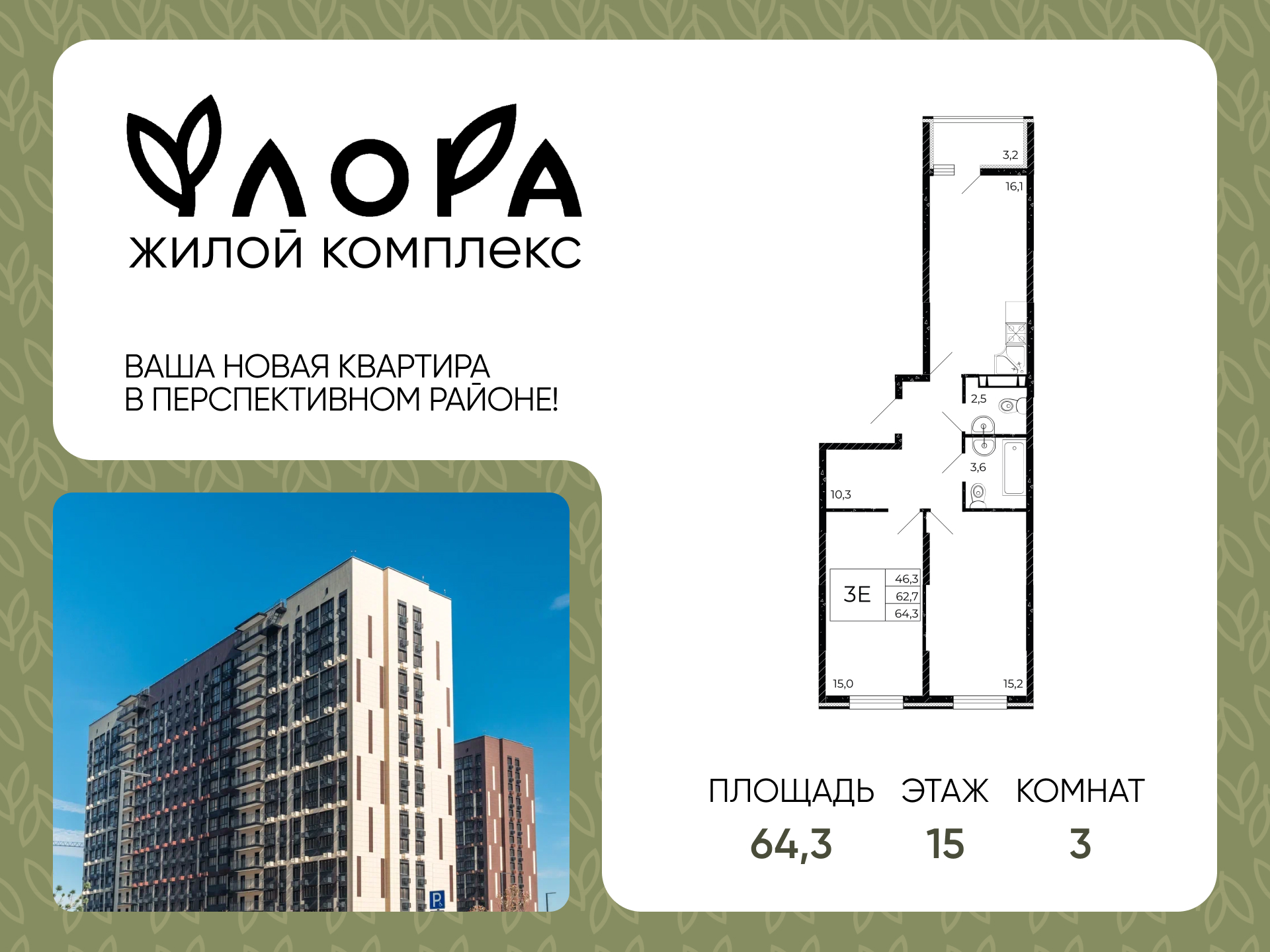 Планировка 3-евро в ЖК «Флора»