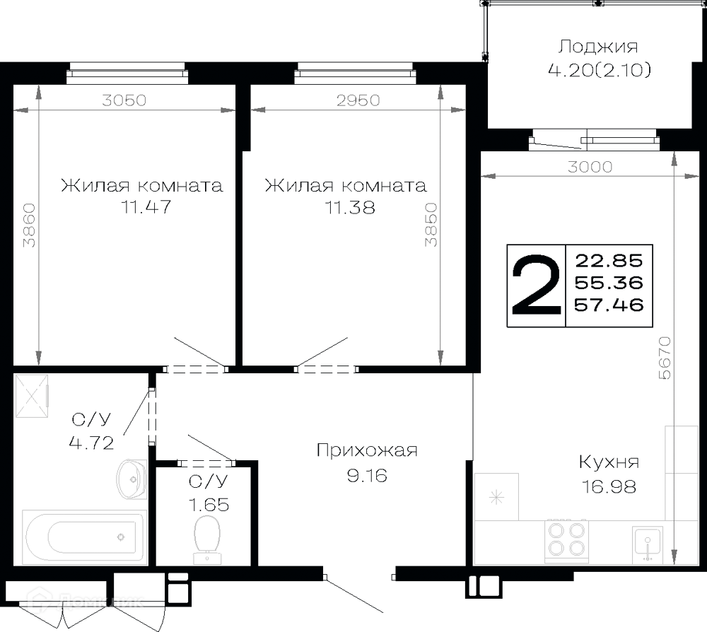 Планировка 2-комн. в ЖК «Усадьба Гостагаевская»