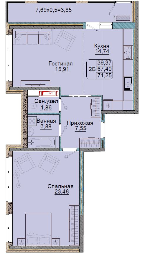 Планировка 2-комн. в ЖК «Репина-Парк»