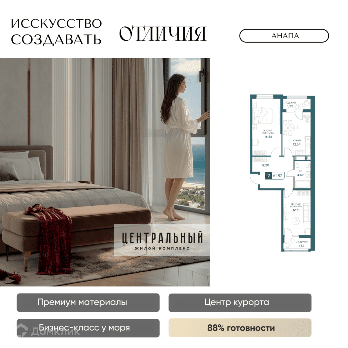 Планировка 2-комн. в ЖК «Центральный»