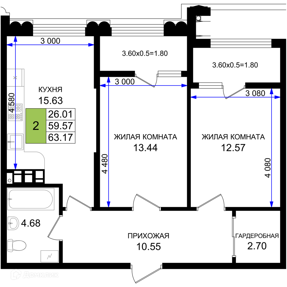 Планировка 2-комн. в ЖК «Резиденция морей»