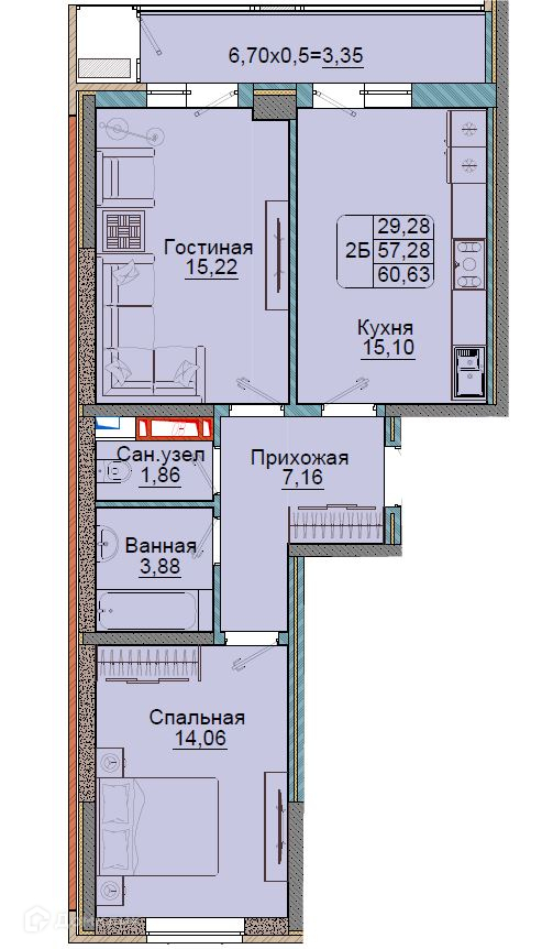 Планировка 2-комн. в ЖК «Репина-Парк»