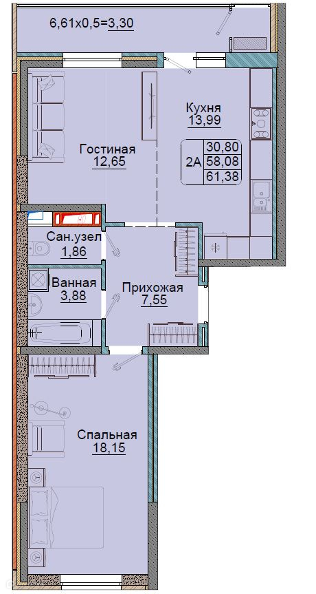 Планировка 2-комн. в ЖК «Репина-Парк»
