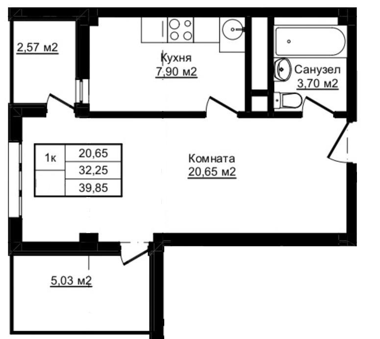 Планировка 1-комн. в ЖК «Южный Парк»