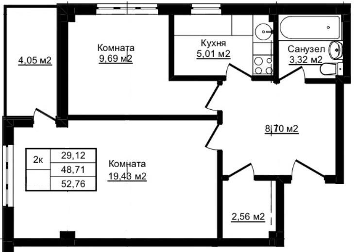 Планировка 2-комн. в ЖК «Южный Парк»