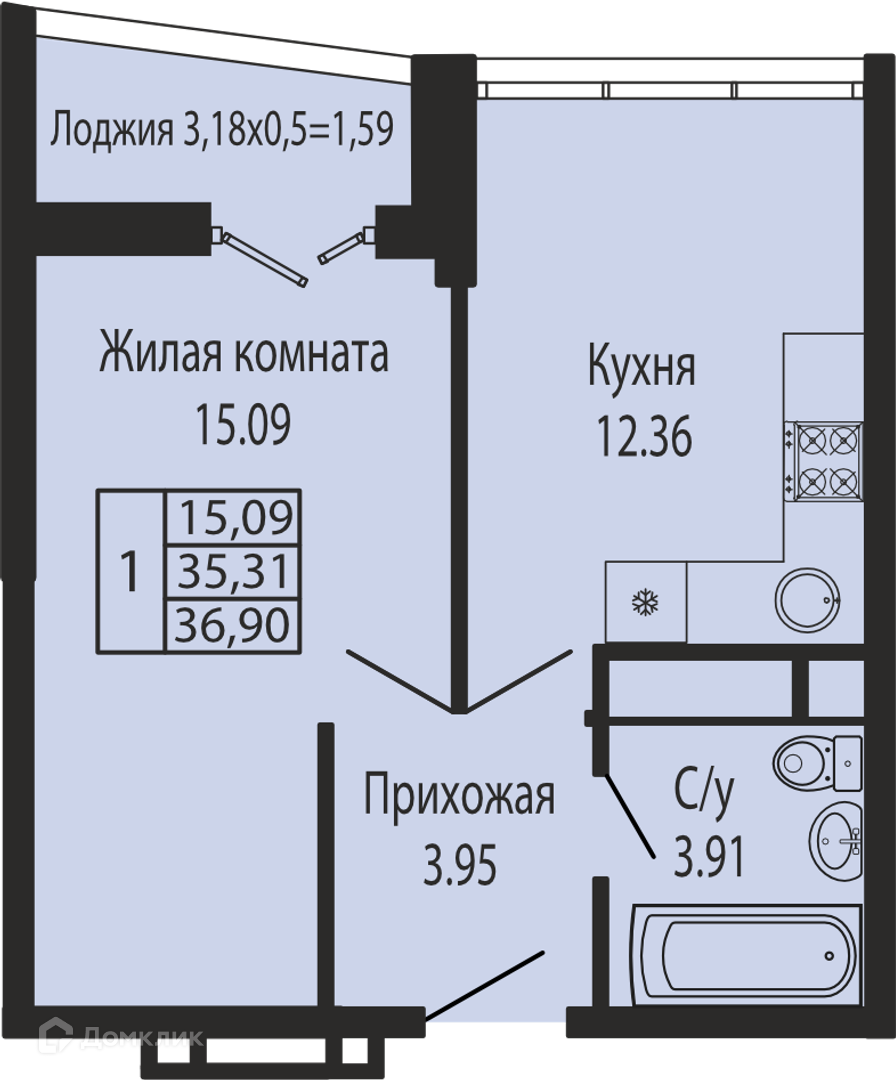 Планировка 1-комн. в ЖК «Sun Hills Olginka»