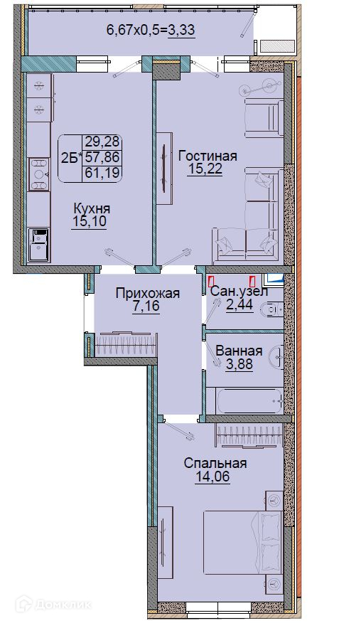 Планировка 2-комн. в ЖК «Репина-Парк»