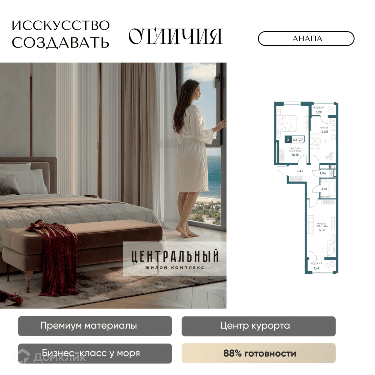 Планировка 2-комн. в ЖК «Центральный»