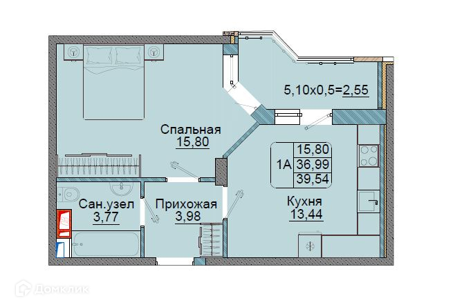 Планировка 1-комн. в ЖК «Репина-Парк»