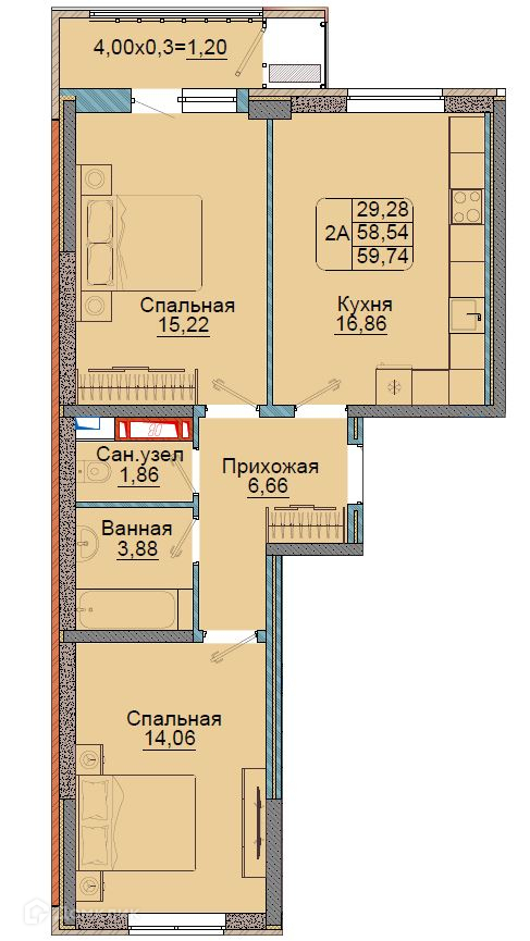 Планировка 2-комн. в ЖК «Репина-Парк»