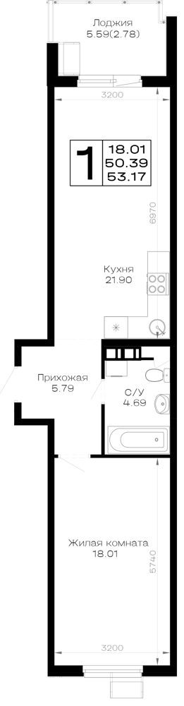 Планировка 1-комн. в ЖК «Усадьба Гостагаевская»