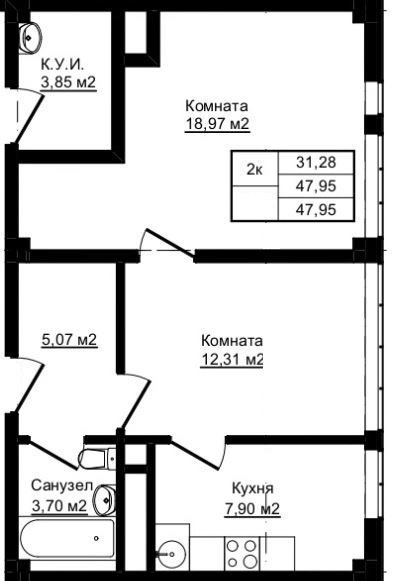 Планировка 2-комн. в ЖК «Южный Парк»