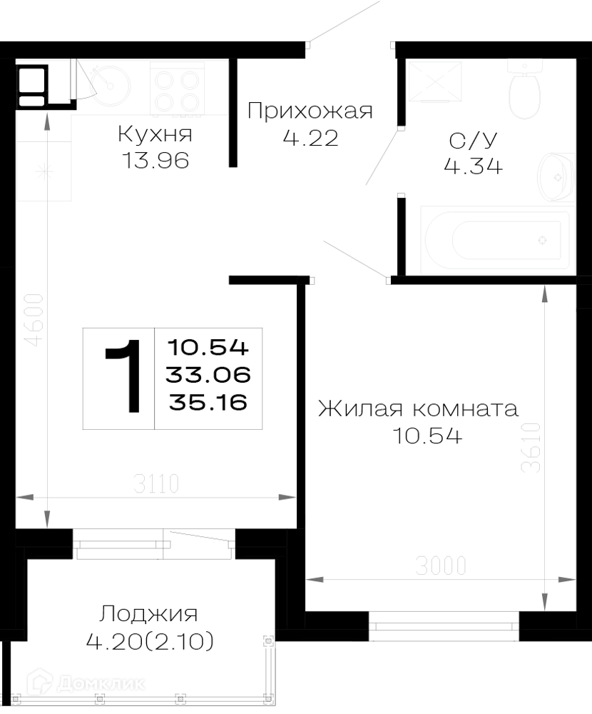 Планировка 1-комн. в ЖК «Усадьба Гостагаевская»