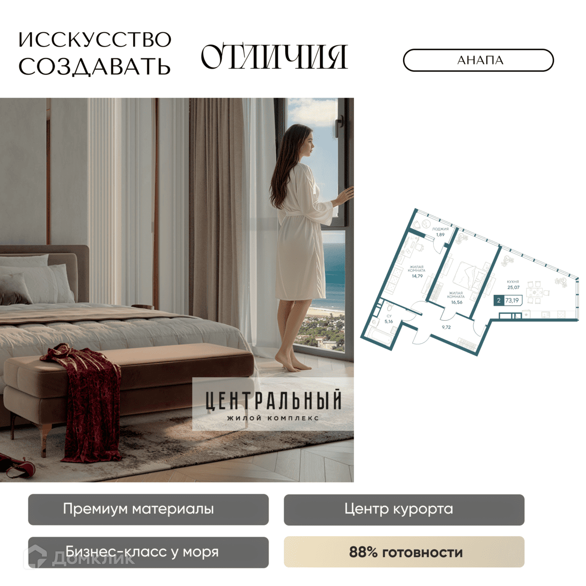 Планировка 2-комн. в ЖК «Центральный»