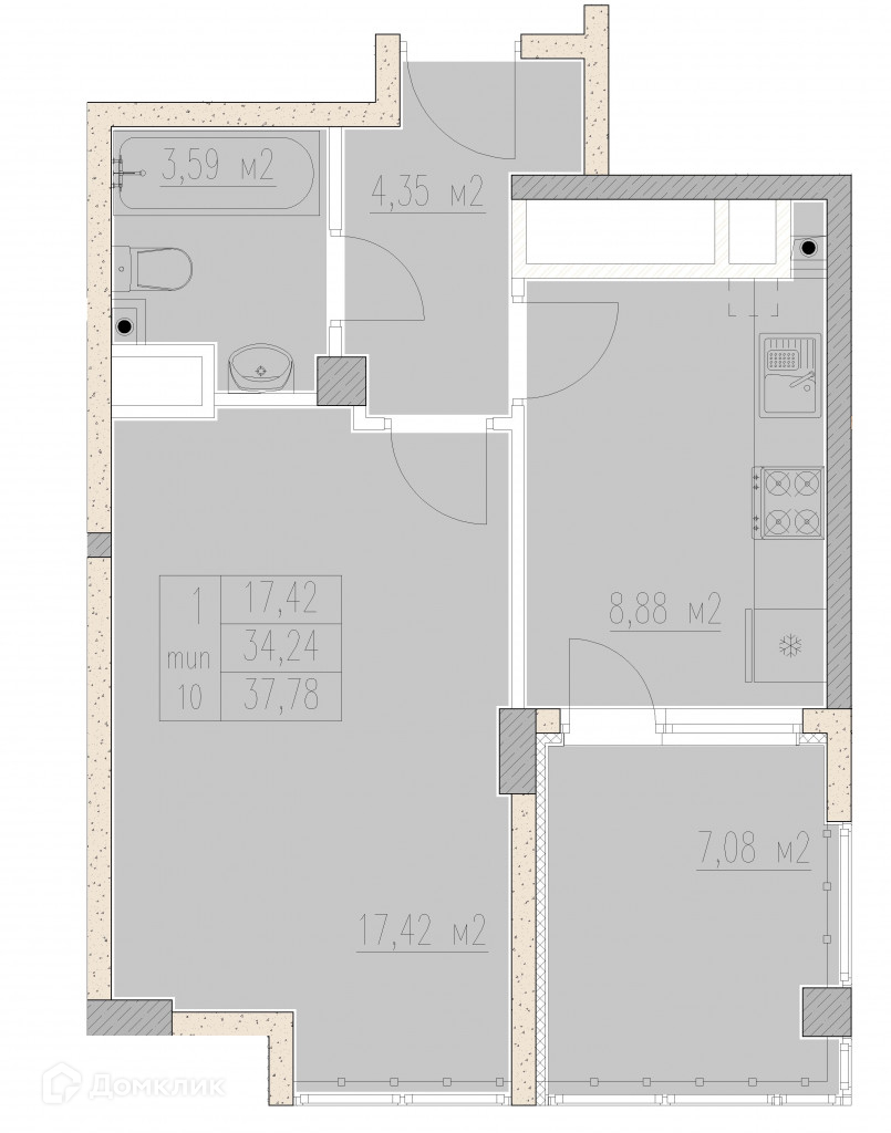 Планировка 1-комн. в ЖК «Агой-Парк»