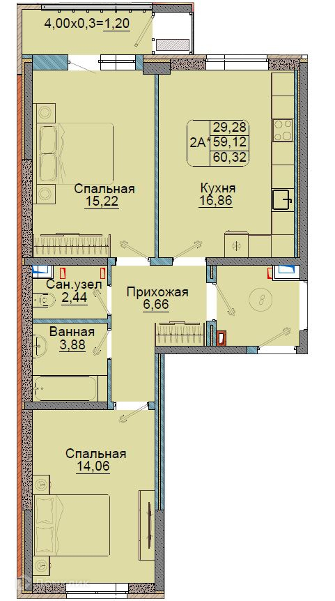 Планировка 2-комн. в ЖК «Репина-Парк»