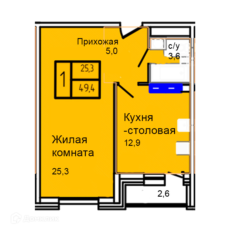 Планировка 1-комн. в ЖК «Троицкий»