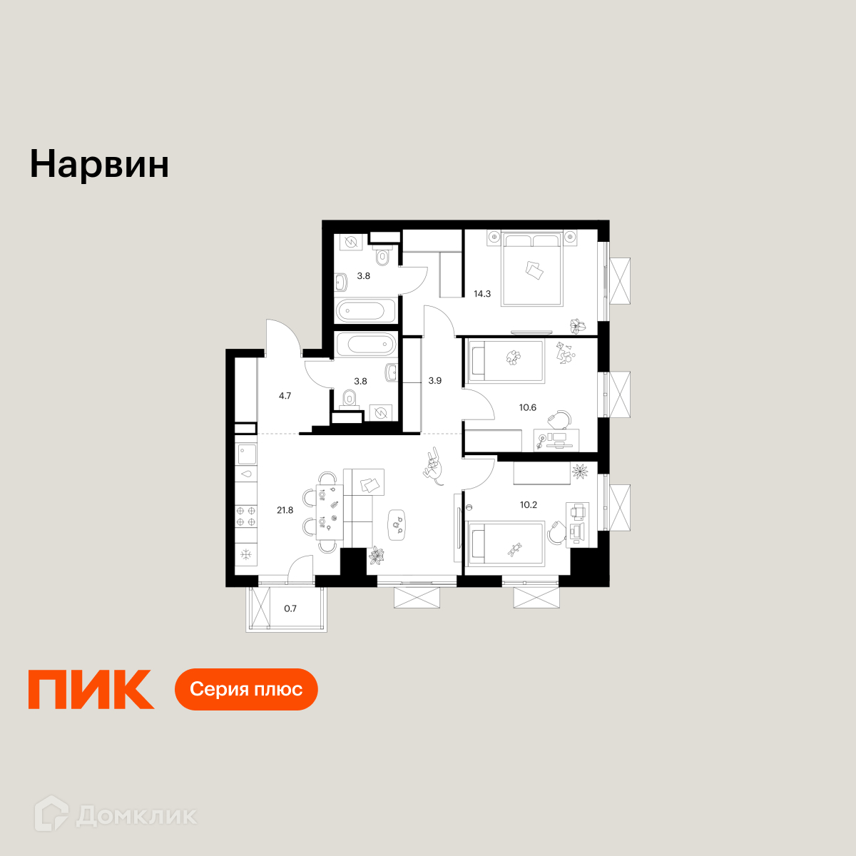 Планировка 3-комн. в ЖК «Нарвин»