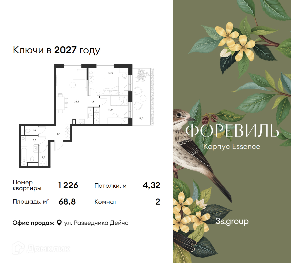 Планировка 2-комн. в ЖК «Форэвилль»