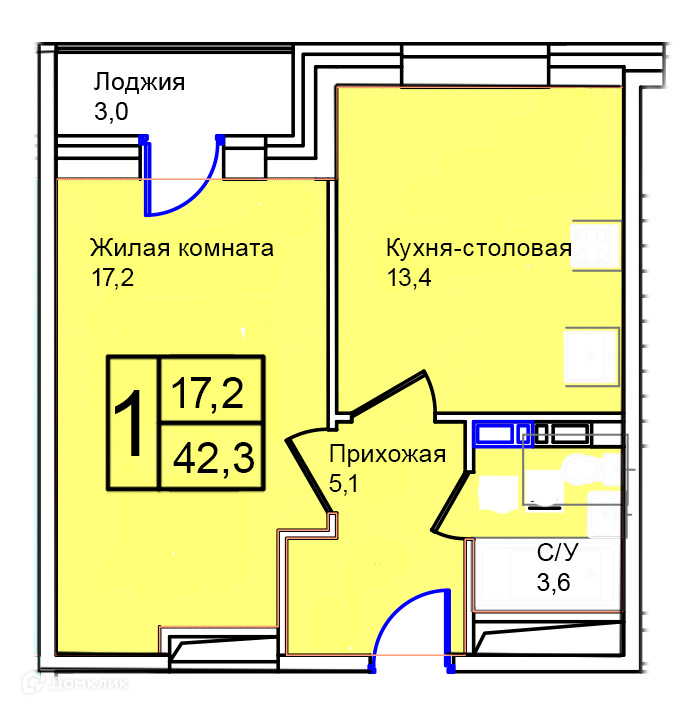 Планировка 1-комн. в ЖК «Троицкий»