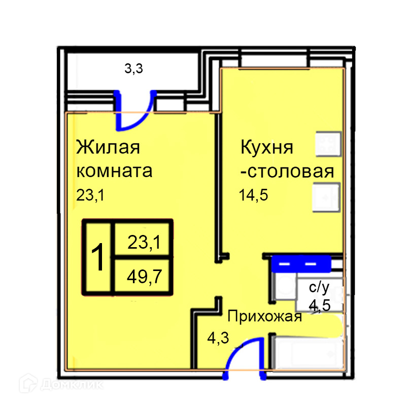 Планировка 1-комн. в ЖК «Троицкий»