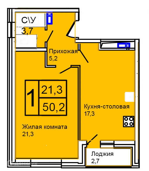 Планировка 1-комн. в ЖК «Троицкий»