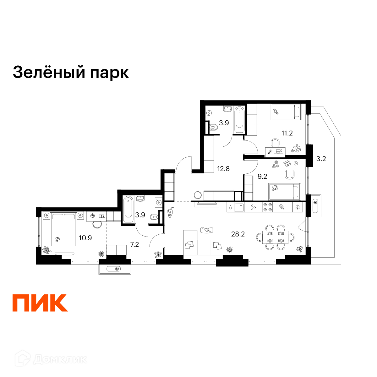 Планировка 3-комн. в ЖК «Зелёный парк»