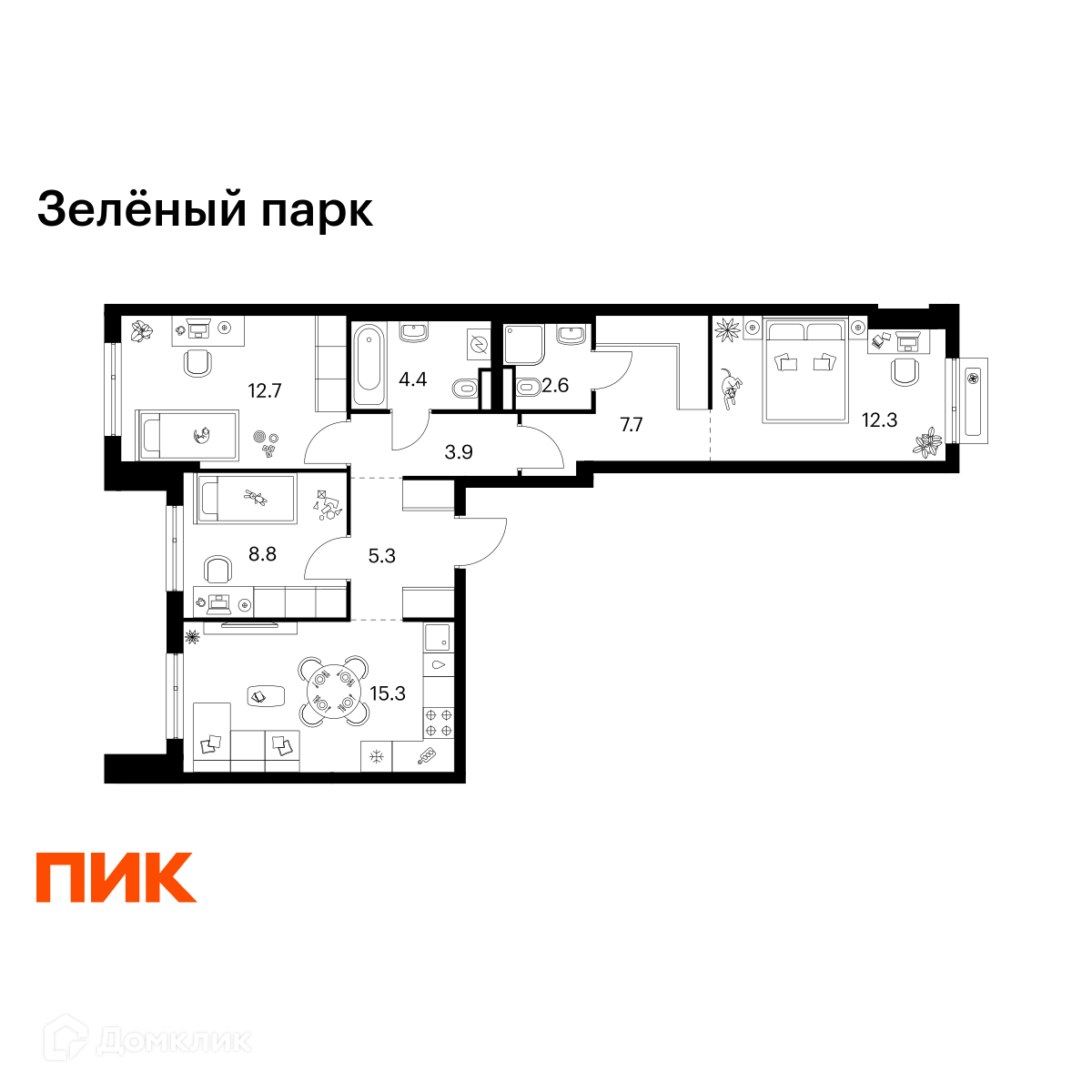 Планировка 3-комн. в ЖК «Зелёный парк»