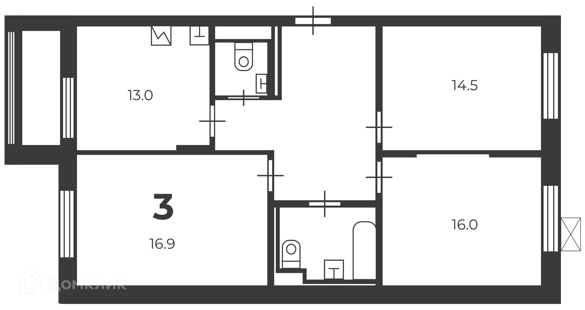 Планировка 3-комн. в ЖК «Чечёрский проезд, 28А (Московские кварталы)»