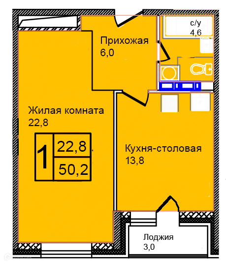 Планировка 1-комн. в ЖК «Троицкий»