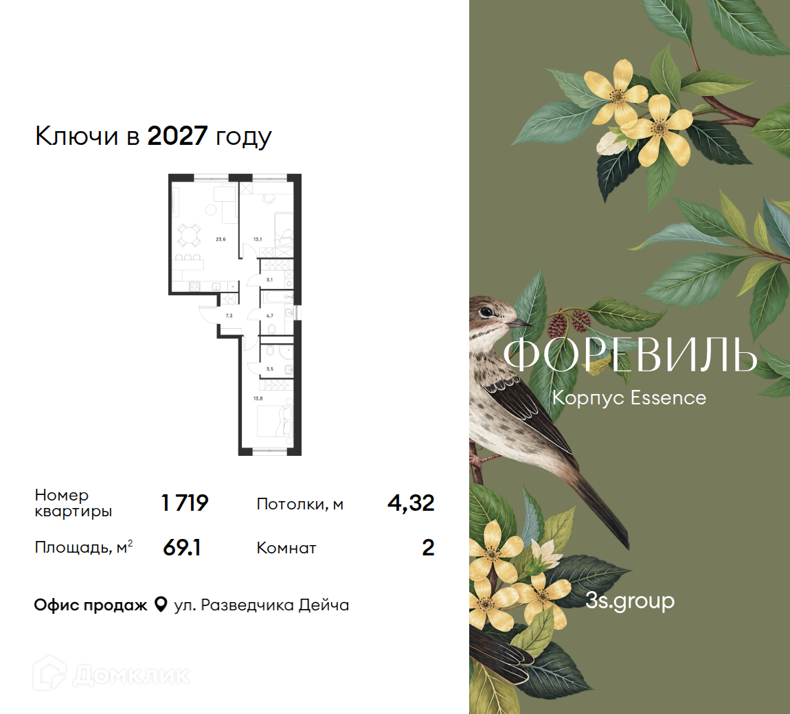 Планировка 2-комн. в ЖК «Форэвилль»