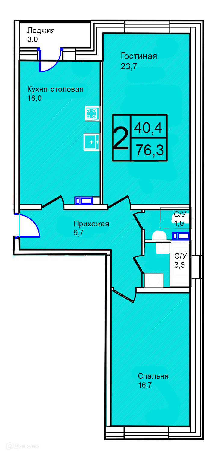 Планировка 2-комн. в ЖК «Троицкий»