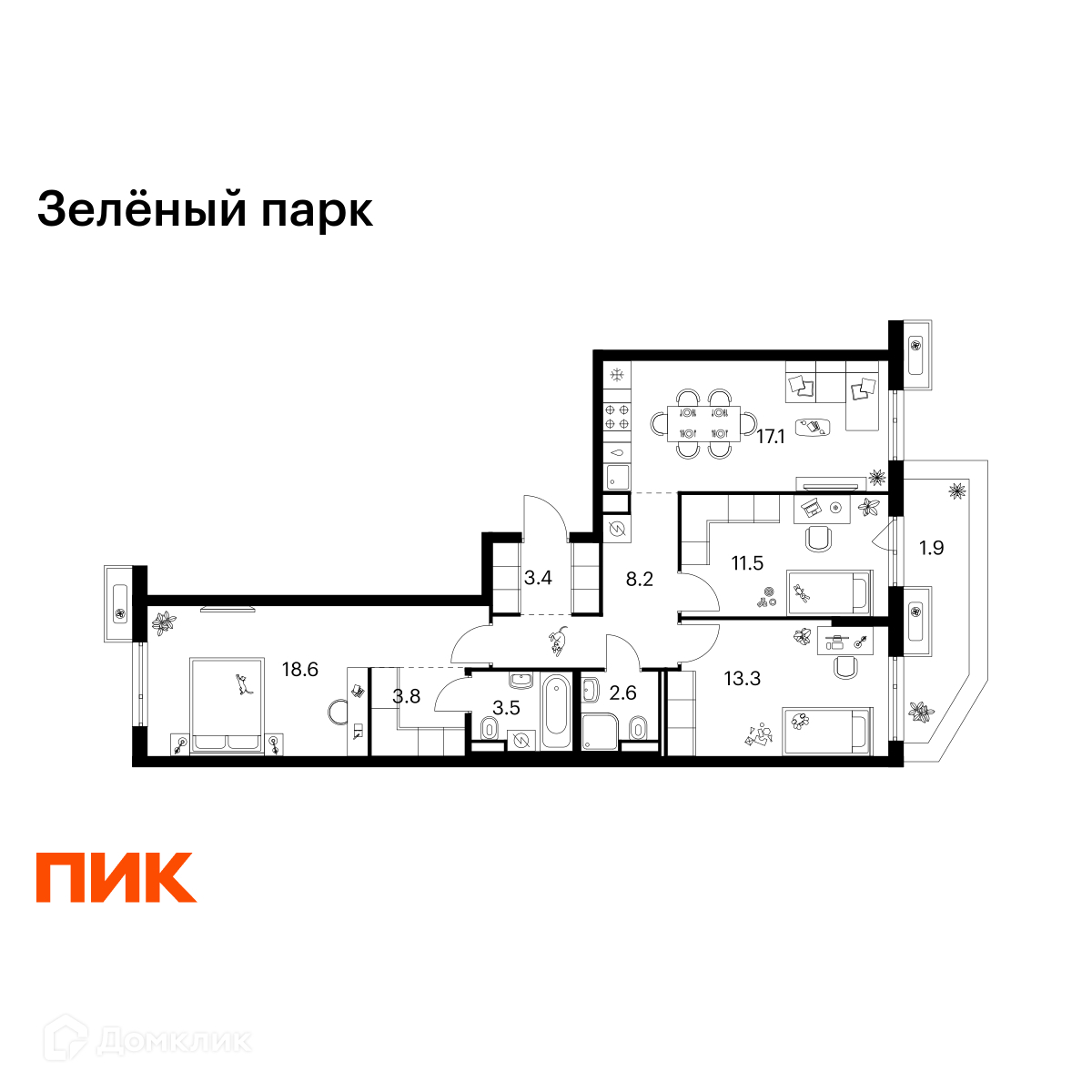 Планировка 3-комн. в ЖК «Зелёный парк»