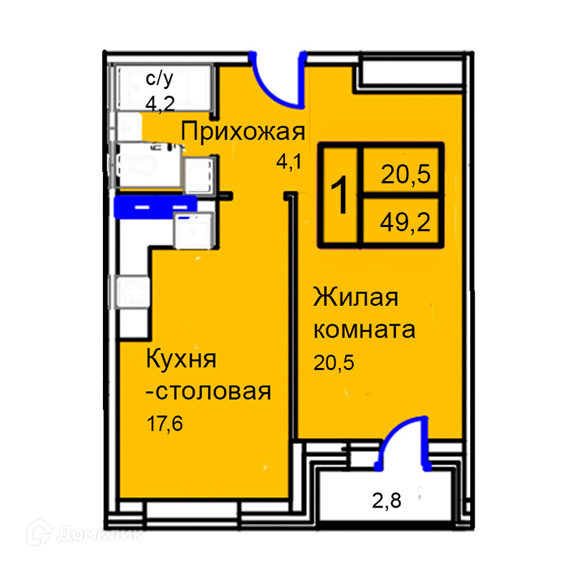 Планировка 1-комн. в ЖК «Троицкий»