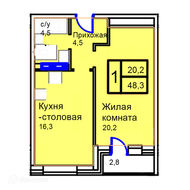 Планировка 1-комн. в ЖК «Троицкий»