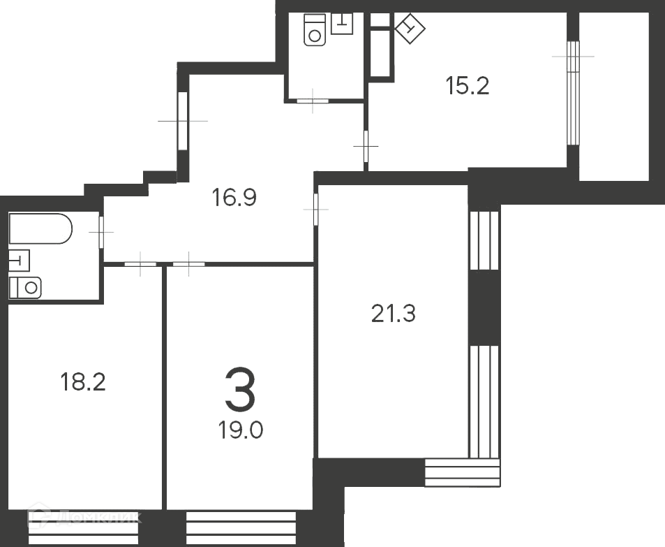 Планировка 3-комн. в ЖК «Клинская ул., д. 2А (Московские кварталы)»