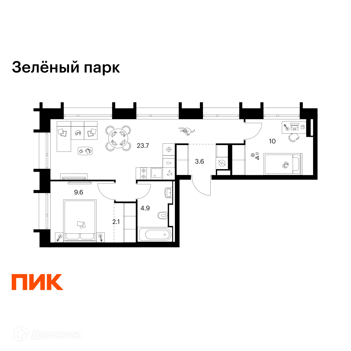 Планировка 2-комн. в ЖК «Зелёный парк»