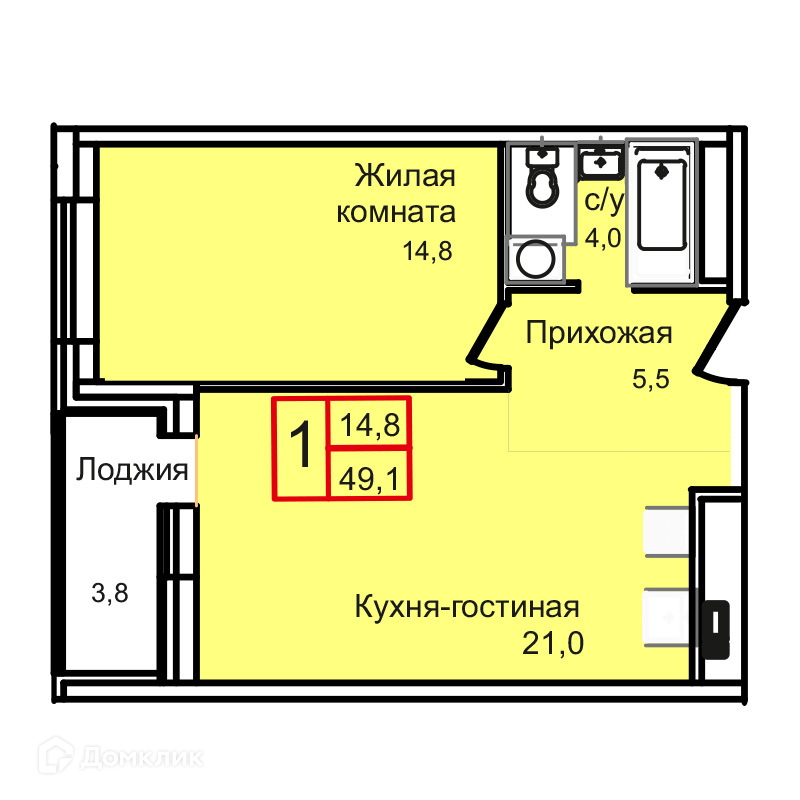 Планировка 1-комн. в ЖК «Троицкий»