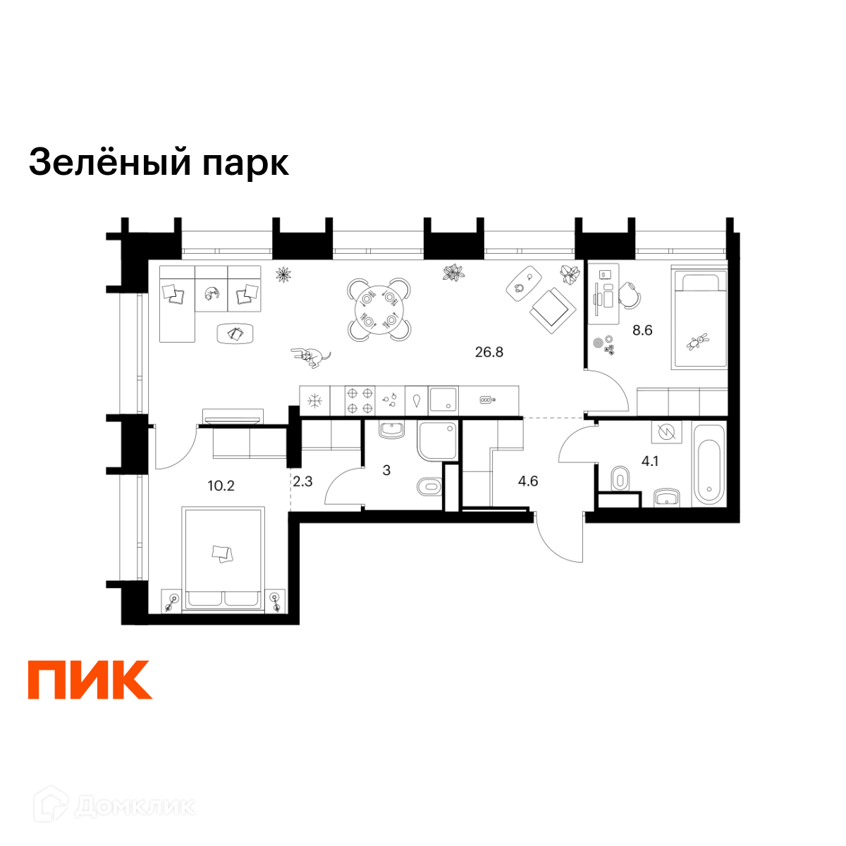 Планировка 2-комн. в ЖК «Зелёный парк»