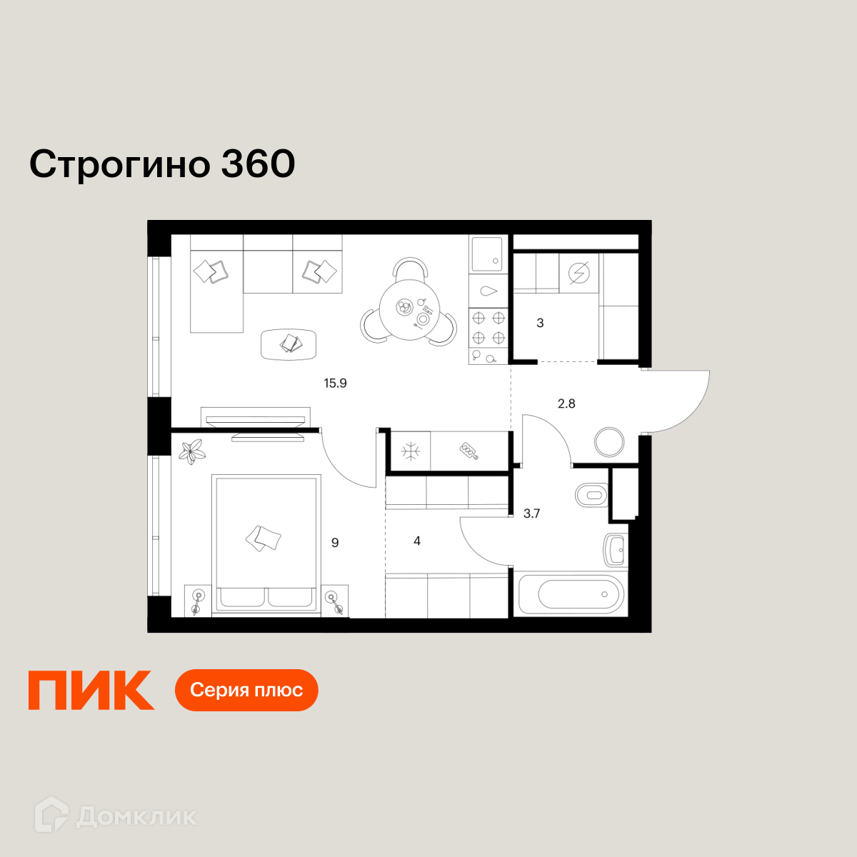 Планировка 1-комн. в ЖК «Строгино 360»