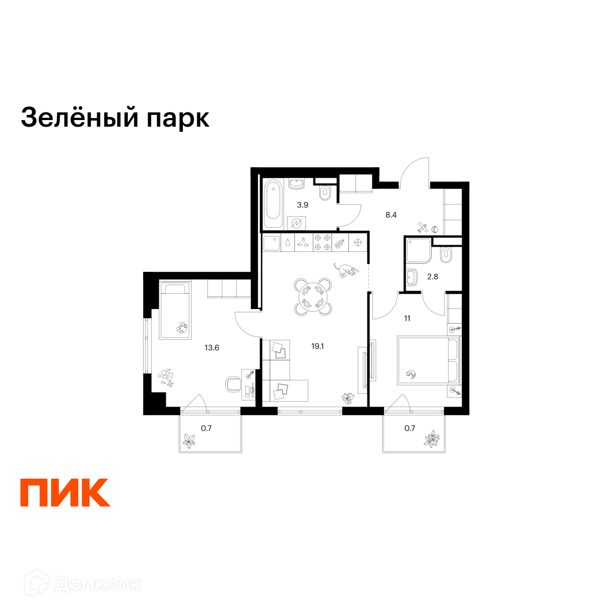 Планировка 2-комн. в ЖК «Зелёный парк»
